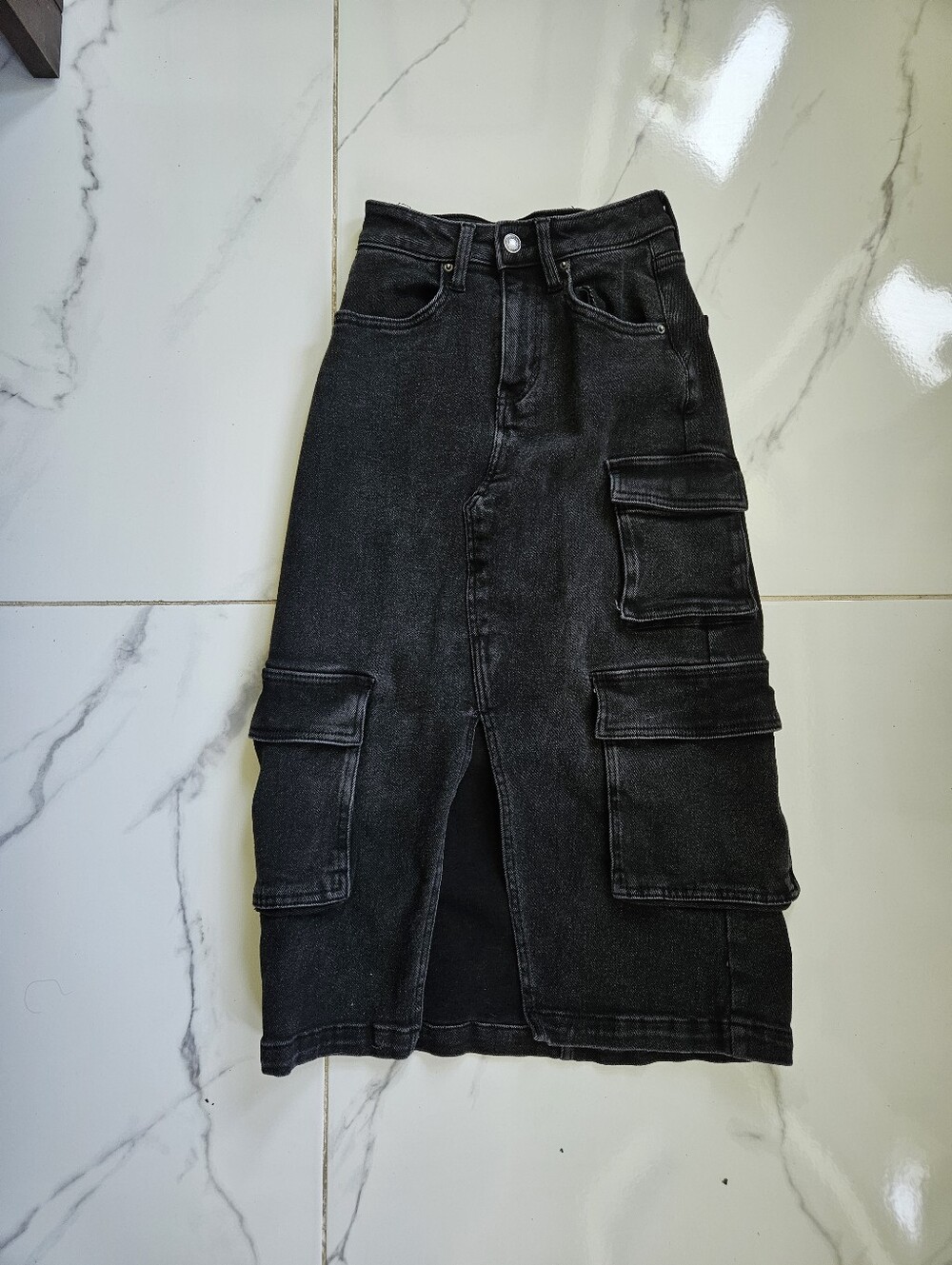 Midi Black denim cargo skirt